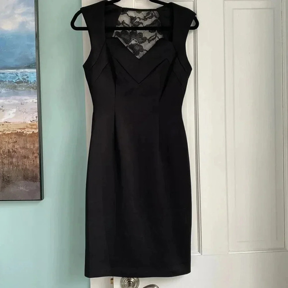 Dress Barn Bodice Lace Back Straight Midi Black Satin Like Dress Size 4 - Picture 3 of 16